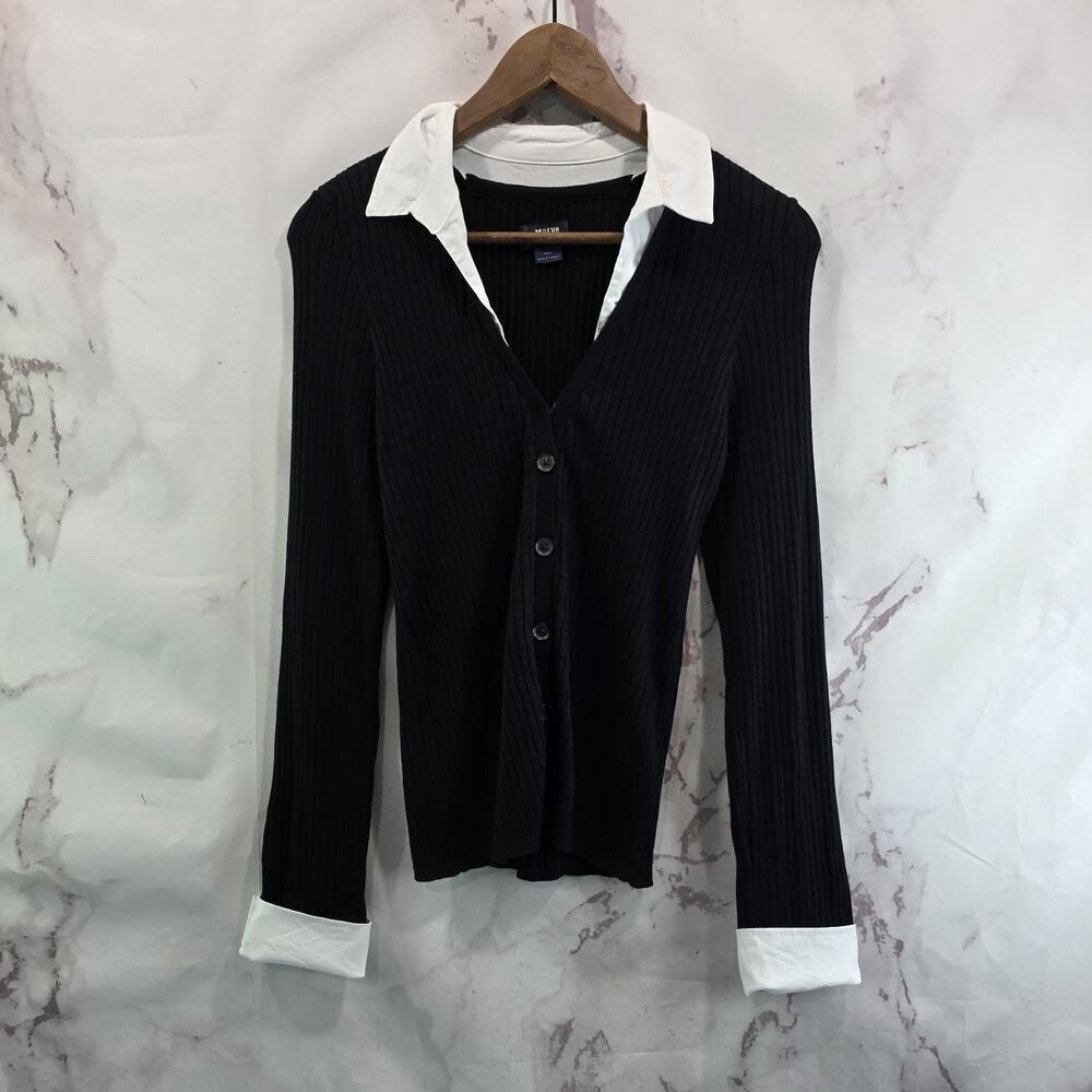 Maeve Sweater Womens Small Black White Cardigan Collared Layered Ribbed